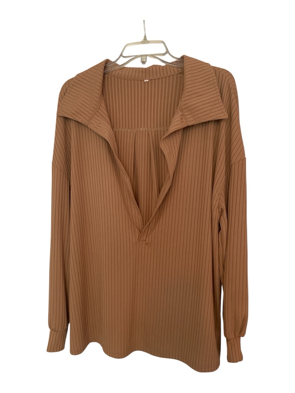Amazon Ribbed Long-Sleeve Pullover Top in Camel Brown